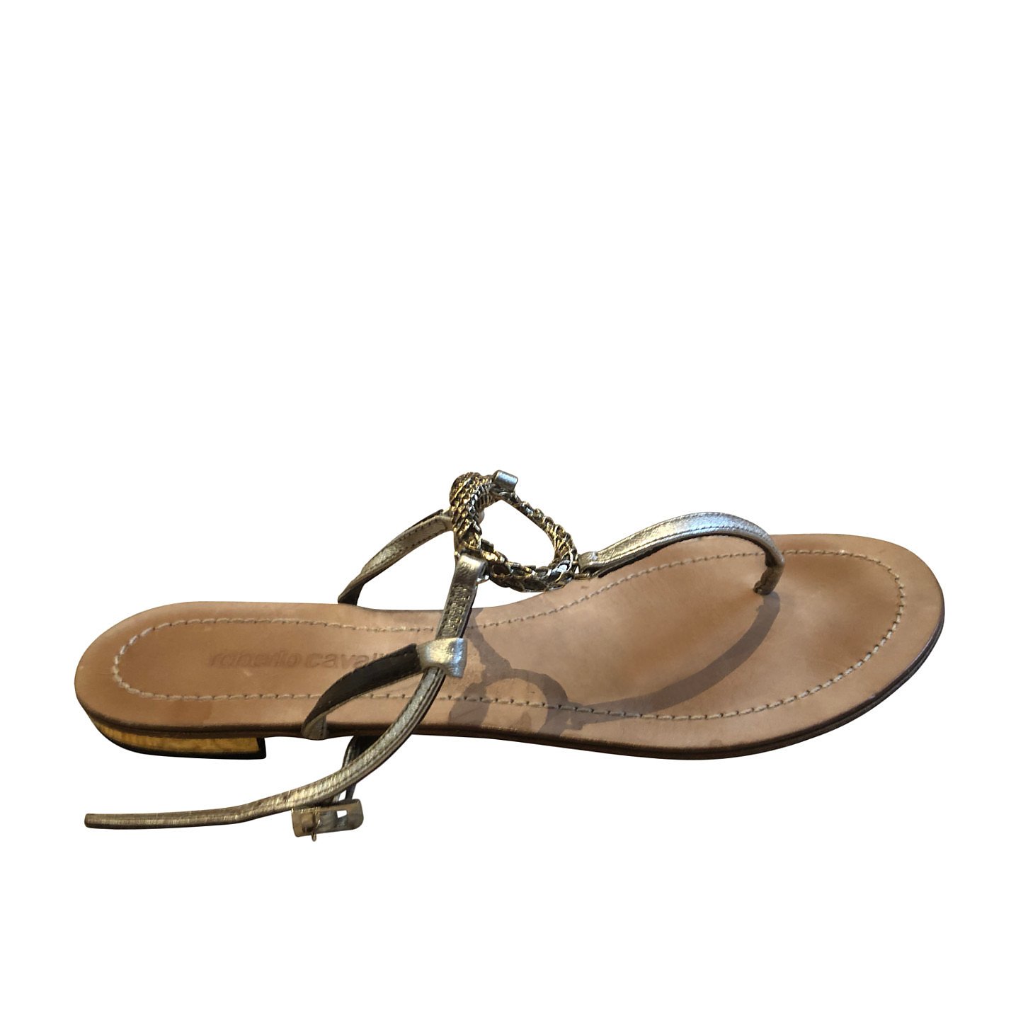 Roberto Cavalli Snake-Detail Metallic Flat Sandals