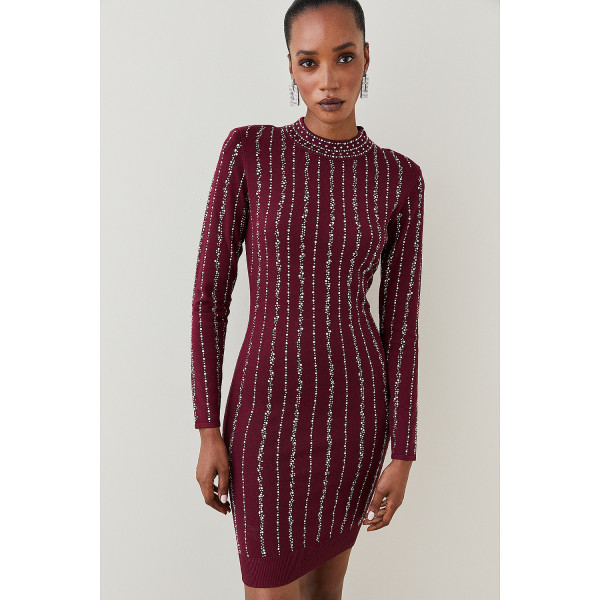 Karen Millen All Over Hotfix Embellished Knit Mini Dress