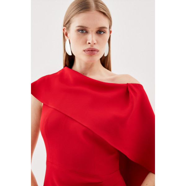 Karen Millen Compact Stretch Viscose Tailored One Shoulder Drape Detail Midi Dress