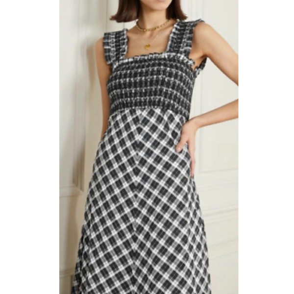 Ganni Seersucker Gingham Strap Midi Dress