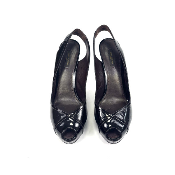 Louis Vuitton Black Patent Leather Slingback Platform Heels