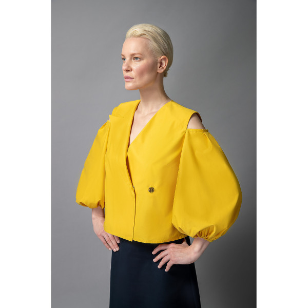 FEMPONIQ Cold Shoulder Puff Sleeve Lapel Top