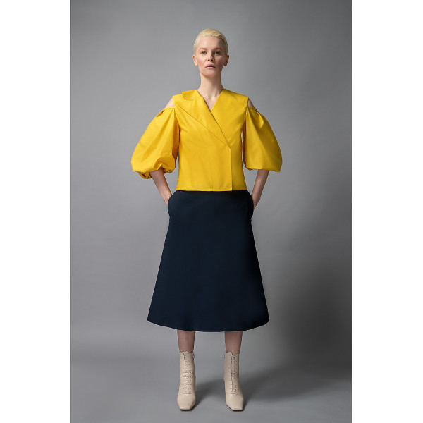 FEMPONIQ Cold Shoulder Puff Sleeve Lapel Top