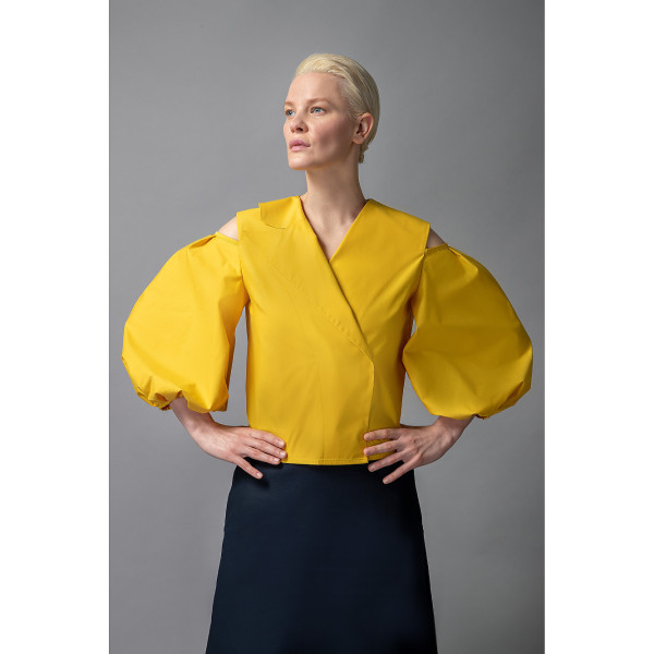 FEMPONIQ Cold Shoulder Puff Sleeve Lapel Top