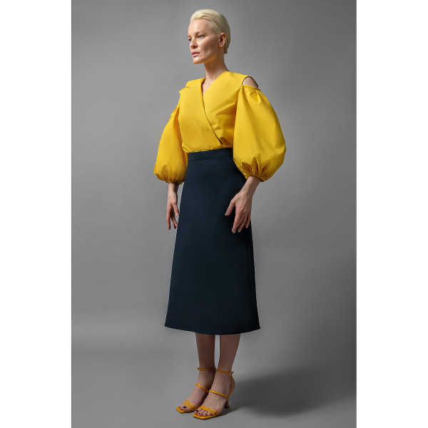 FEMPONIQ Cold Shoulder Puff Sleeve Lapel Top