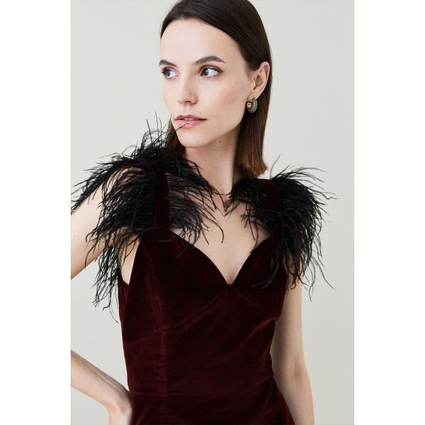 Karen Millen Velvet Feather Strap Midi Dress