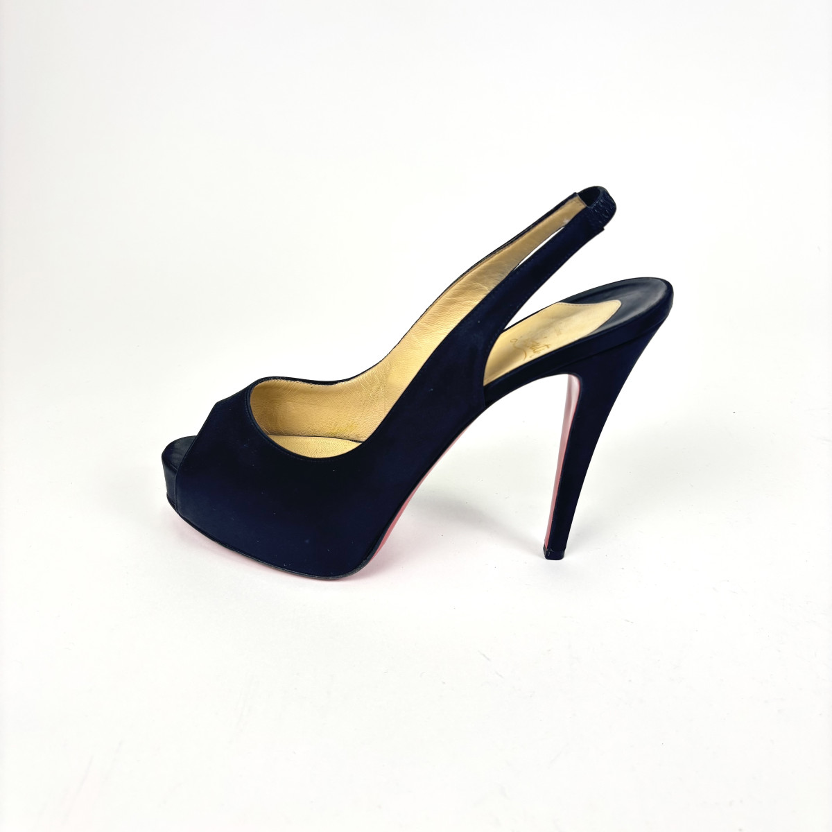 Christian Louboutin Black Satin Slingback Peep-Toe Platform Heels
