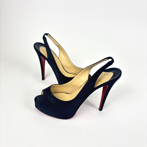 Christian Louboutin Black Satin Slingback Peep-Toe Platform Heels