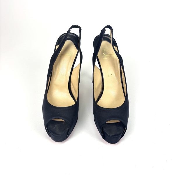 Christian Louboutin Black Satin Slingback Peep-Toe Platform Heels