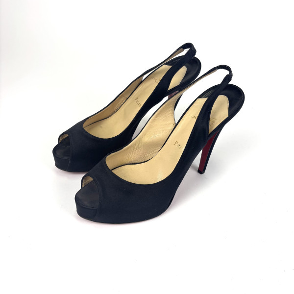 Christian Louboutin Black Satin Slingback Peep-Toe Platform Heels