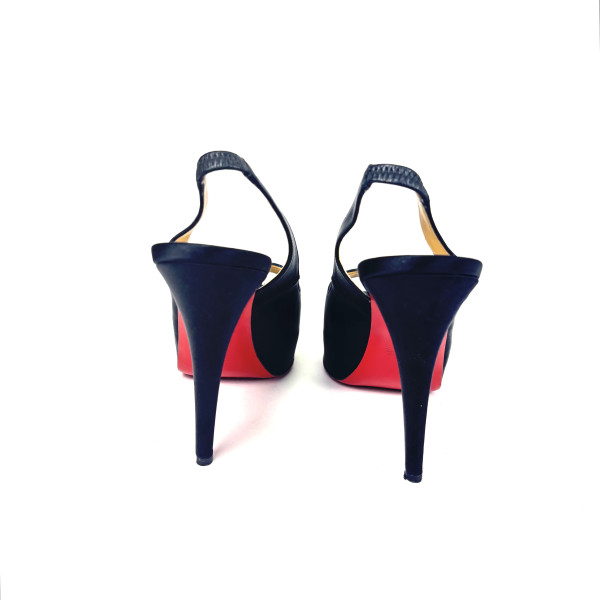 Christian Louboutin Black Satin Slingback Peep-Toe Platform Heels