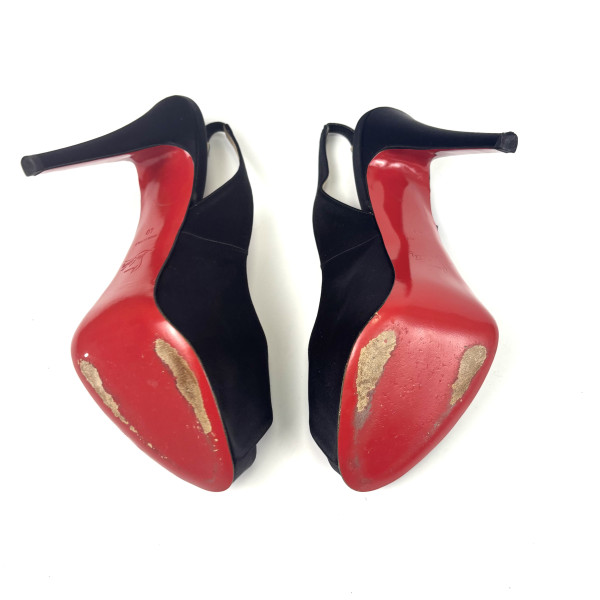 Christian Louboutin Black Satin Slingback Peep-Toe Platform Heels