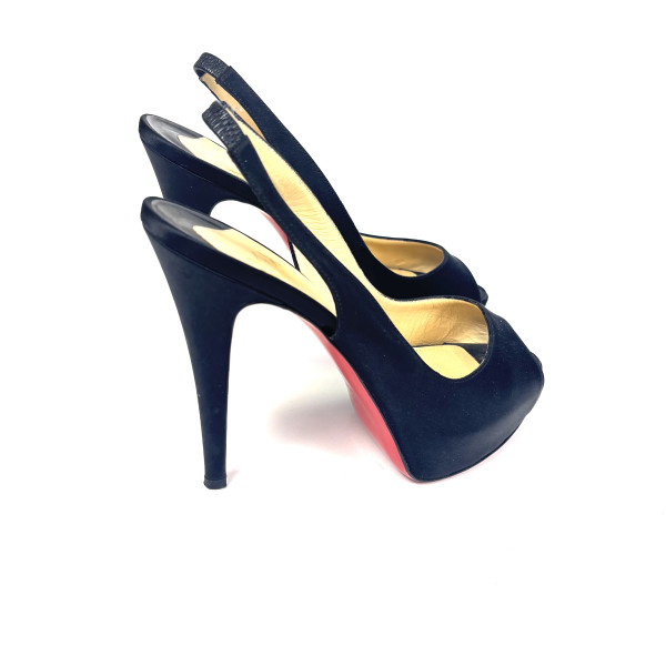 Christian Louboutin Black Satin Slingback Peep-Toe Platform Heels
