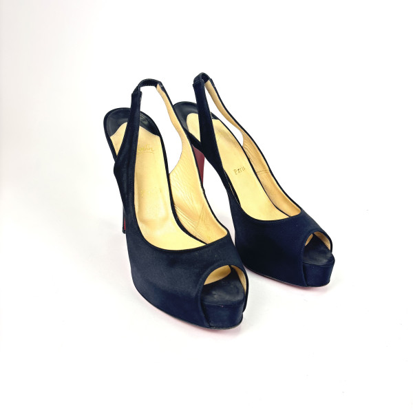 Christian Louboutin Black Satin Slingback Peep-Toe Platform Heels