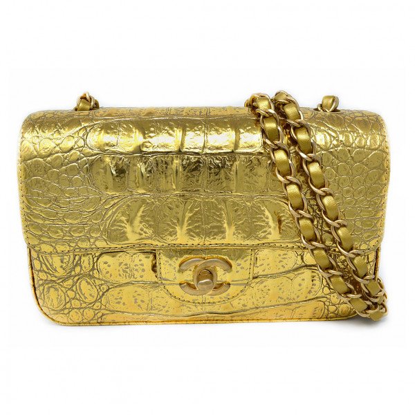 Mini Flap Bag, metallic crocodile embossed calfskin & gold metal