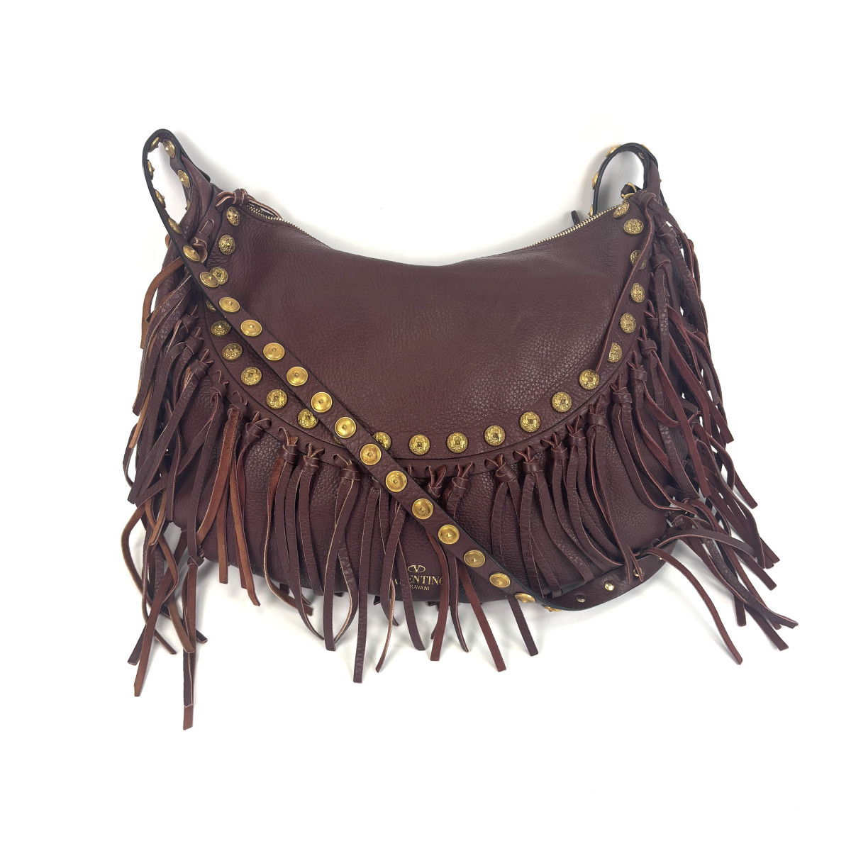 Valentino C-Rockee Studded Fringe Hobo Bag in Red Leather with Gold Studs