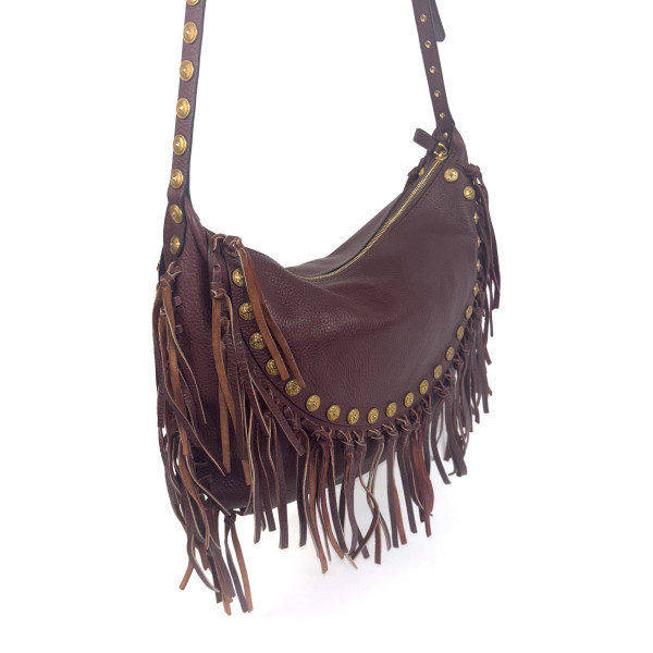 Valentino C-Rockee Studded Fringe Hobo Bag in Red Leather with Gold Studs