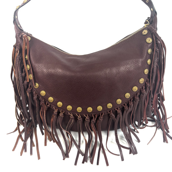 Valentino C-Rockee Studded Fringe Hobo Bag in Red Leather with Gold Studs