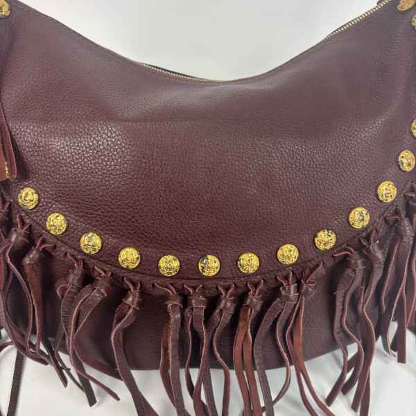 Valentino C-Rockee Studded Fringe Hobo Bag in Red Leather with Gold Studs