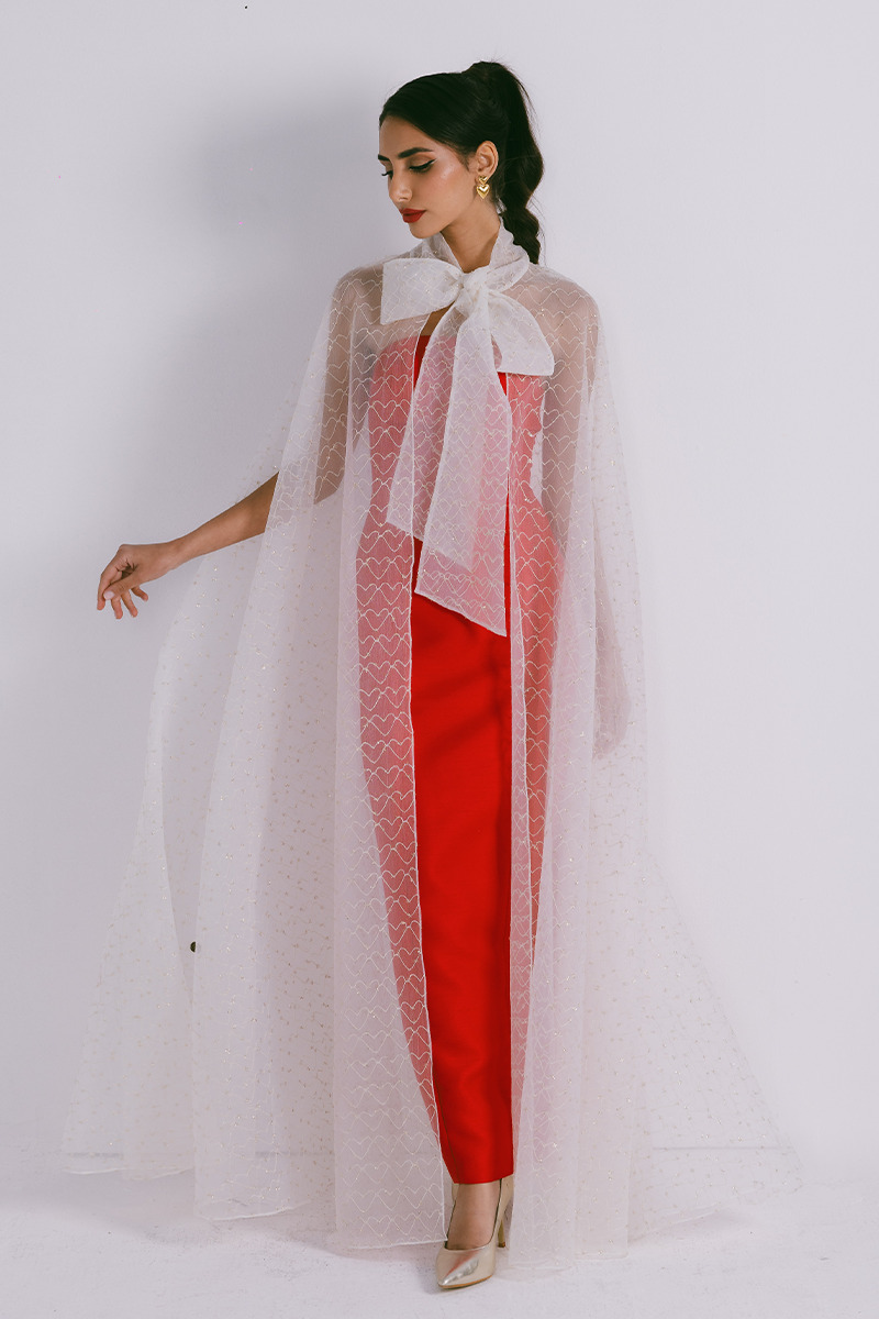 Azzalia Organza cape with neck bow with heart shaped metallic threads