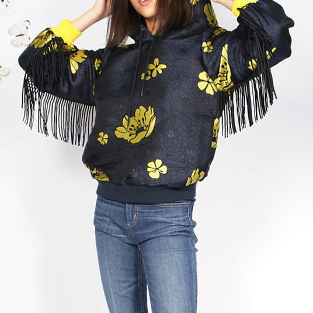 Syra J Flower Print Hoodie With Tassels