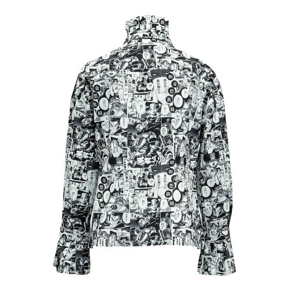 JU-NNA Chelsea - Cotton Blouse in Comic Print W/ Pleated Collar & Long Bow Tie