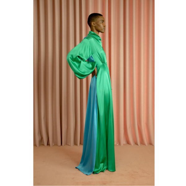 Roksanda ROKSANDA SS21 EDREA blue and green full length dress with long sleeves and high neck