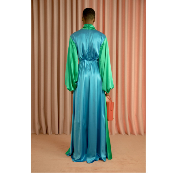 Roksanda ROKSANDA SS21 EDREA blue and green full length dress with long sleeves and high neck