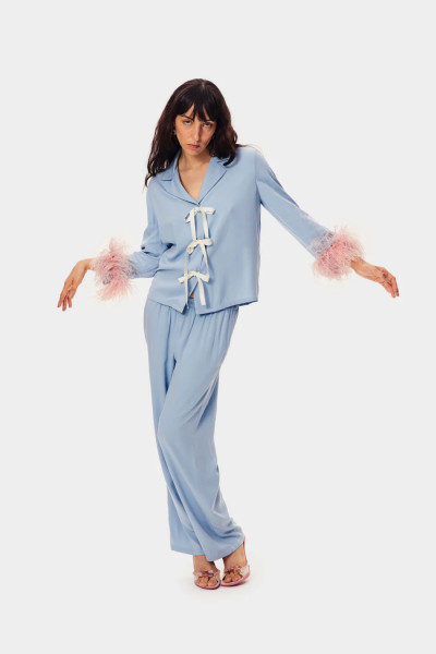 Sleeper Pajama set with bows and detachable feathers in pale blue