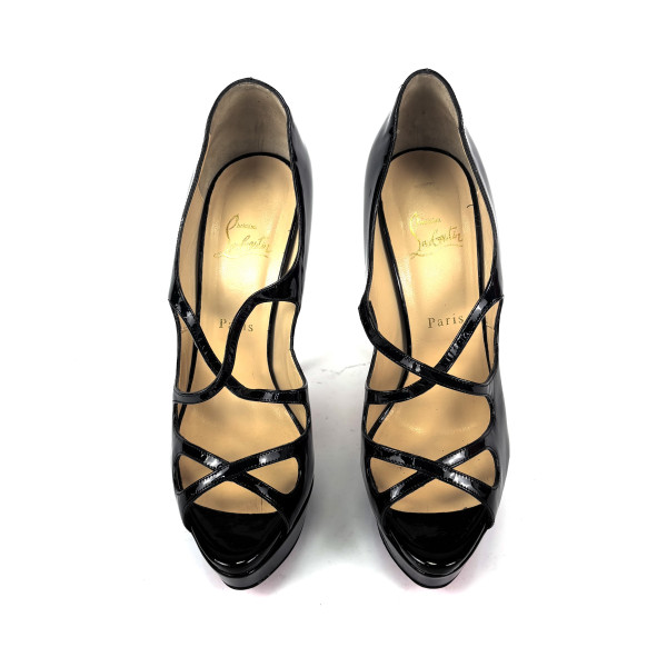 Christian Louboutin Black Platform Patent Leather Criss-Cross Peeptoe Heel