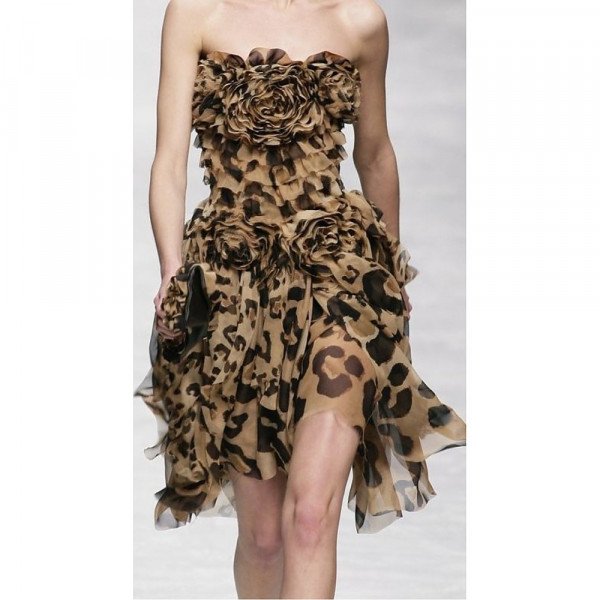 Blumarine Leopard Print Strapless Ruffle Dress