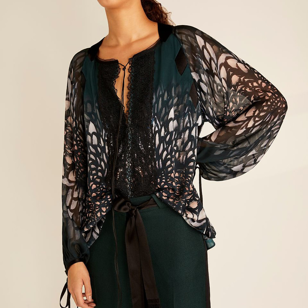 Amanda Wakeley Raven Feather Print and Lace Top