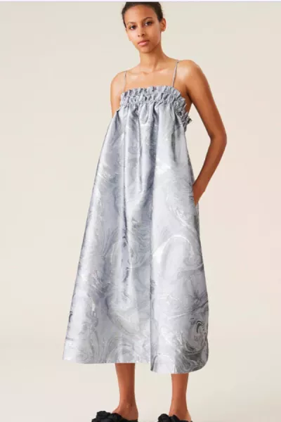 Rent Buy Ganni Silver Metallic Jacquard Dress | MY WARDROBE HQ