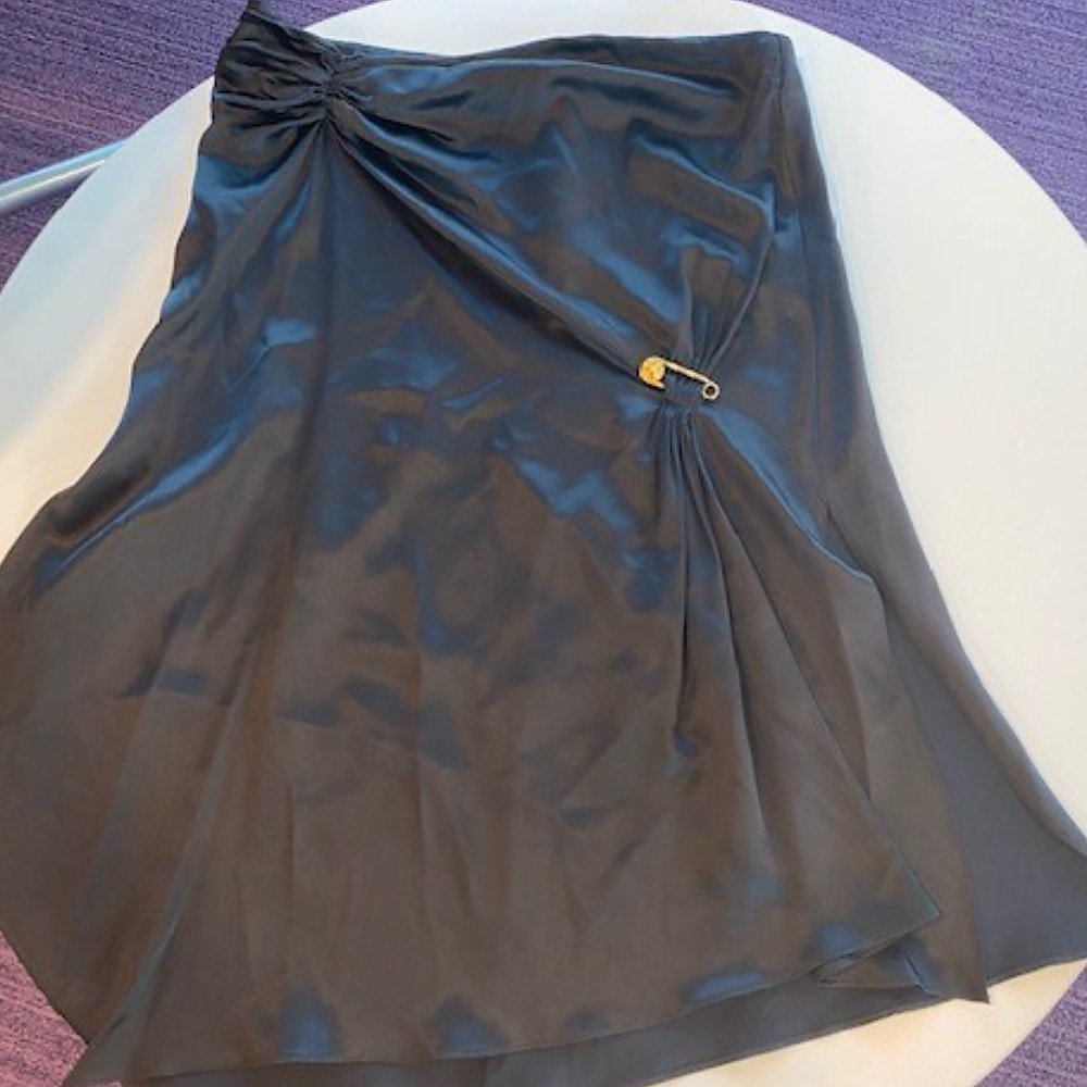 Versace Black satin skirt with gold safety pin