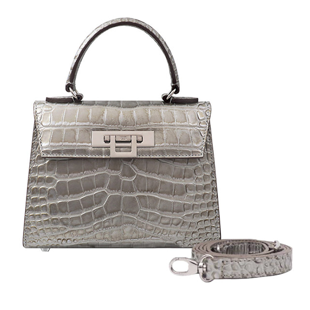 Lalage Beaumont Fonteyn Midi Orinoco 'Croc' Print Calf Leather Handbag - Silver