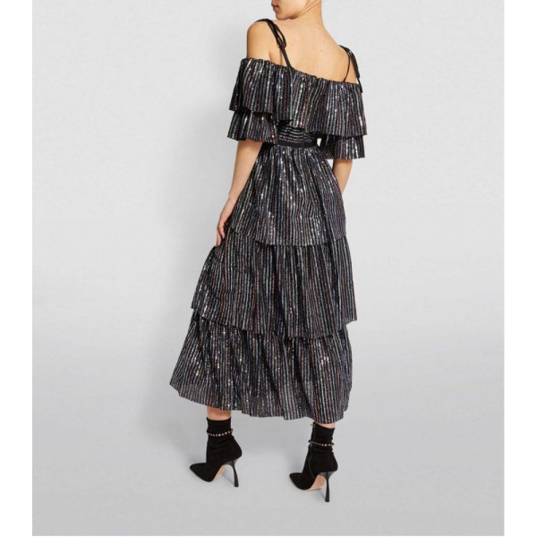 Self-Portrait Stripe Sequin Off Shoulder Tiered Dress