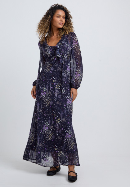 Lily and Lionel Margot Ruffle Neck Zodiac Print Maxi Dress In Multi