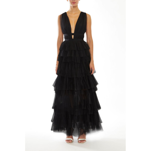 True Decadence Eliza Plunge Front Tulle Layered Maxi Dress