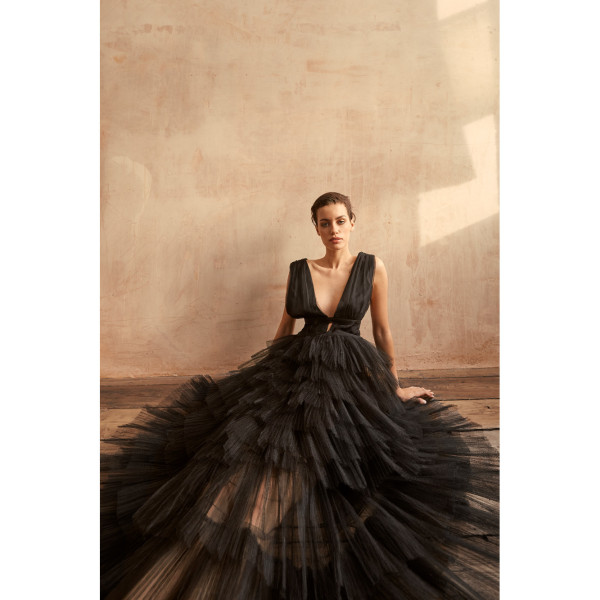 True Decadence Eliza Plunge Front Tulle Layered Maxi Dress