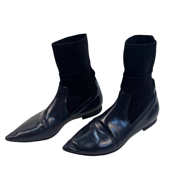 Burberry District Glossed-Leather and Knit Sock Boots