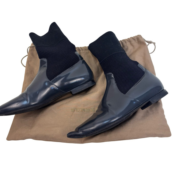 Burberry District Glossed-Leather and Knit Sock Boots