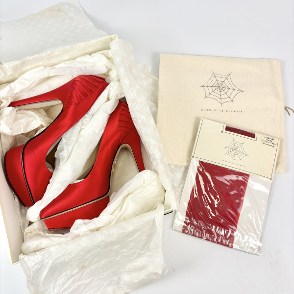 Charlotte Olympia Red Satin Blake Pleated Pumps