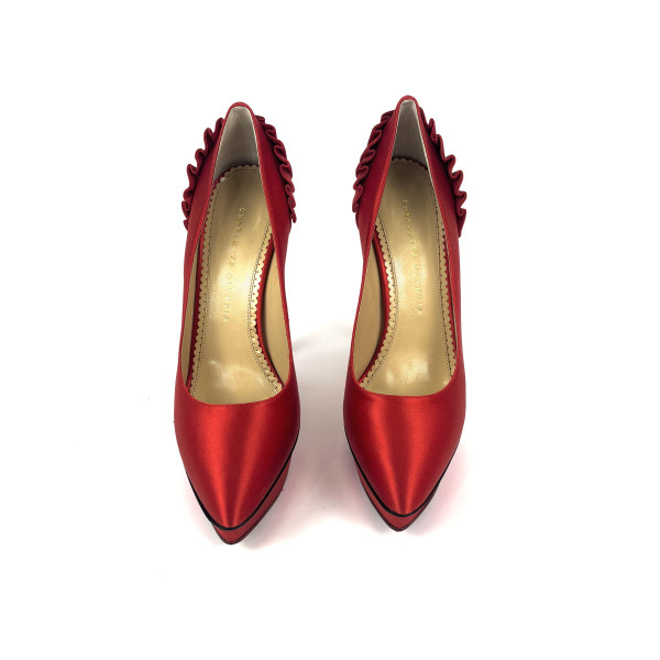 Charlotte Olympia Red Satin Blake Pleated Pumps