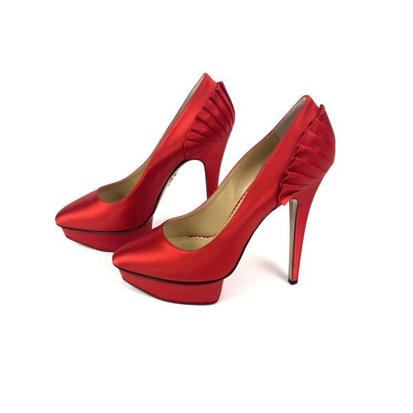 Charlotte Olympia Red Satin Blake Pleated Pumps
