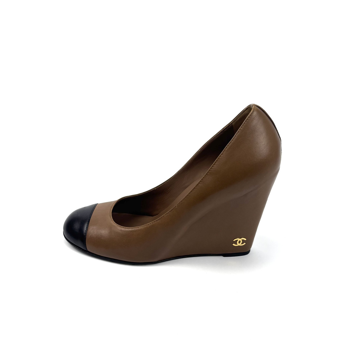 CHANEL Two-Tone Leather Wedge Pumps