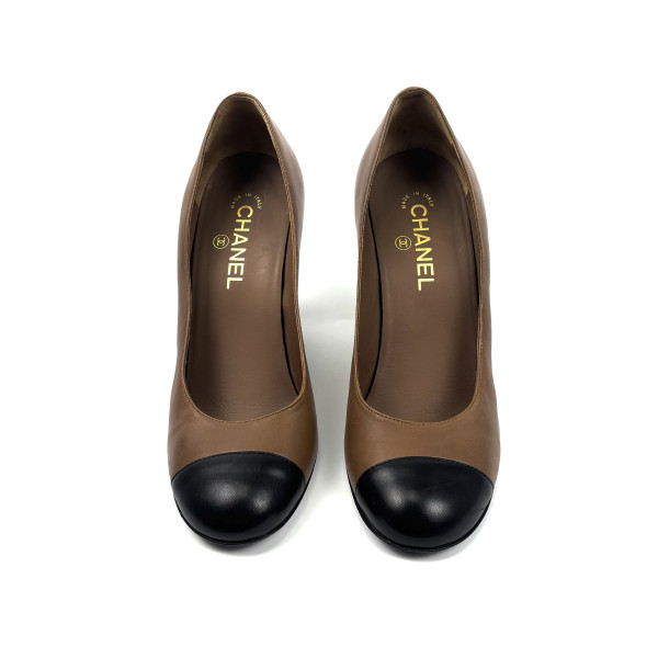 CHANEL Two-Tone Leather Wedge Pumps