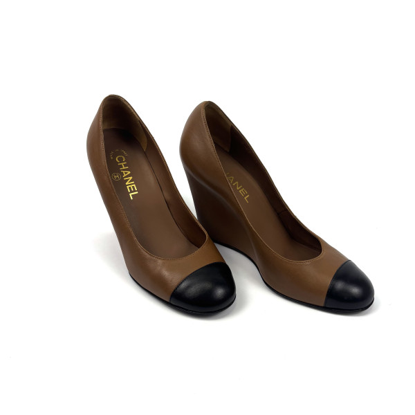 CHANEL Two-Tone Leather Wedge Pumps