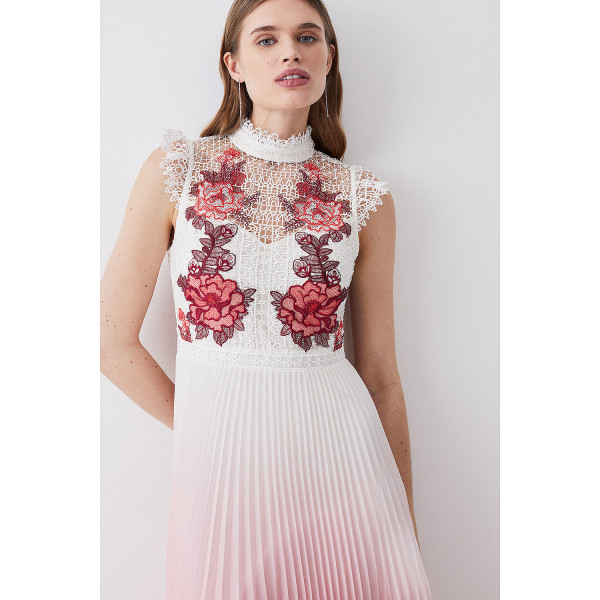 Karen Millen Rose Guipure Lace Woven Pleat Skirt Midi Dress