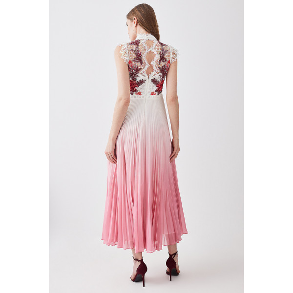 Karen Millen Rose Guipure Lace Woven Pleat Skirt Midi Dress