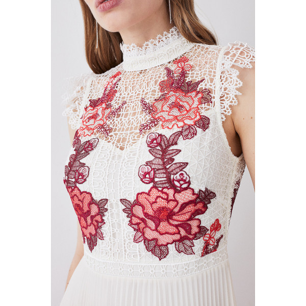 Karen Millen Rose Guipure Lace Woven Pleat Skirt Midi Dress